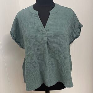 SHEIN Curve 3XL Sage Green Textured Gauze Cotton Peplum Tunic Top Short Sleeve